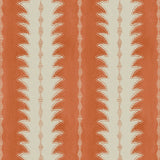 A printed linen fabric sample in orange and off white featuring a striped fern design.