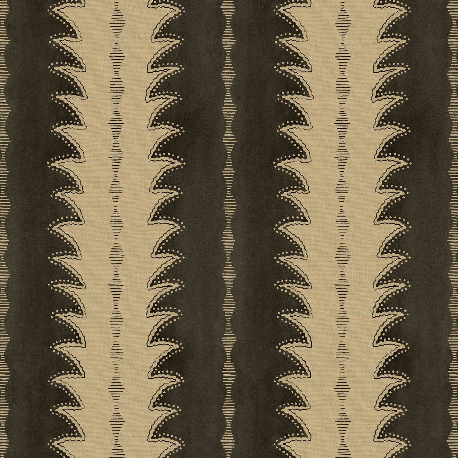 A printed linen fabric sample in black and off white featuring a striped fern