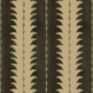 A printed linen fabric sample in black and off white featuring a striped fern